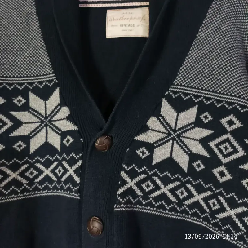 Cardigan vintage azul con diseño de copos de nieve - 3