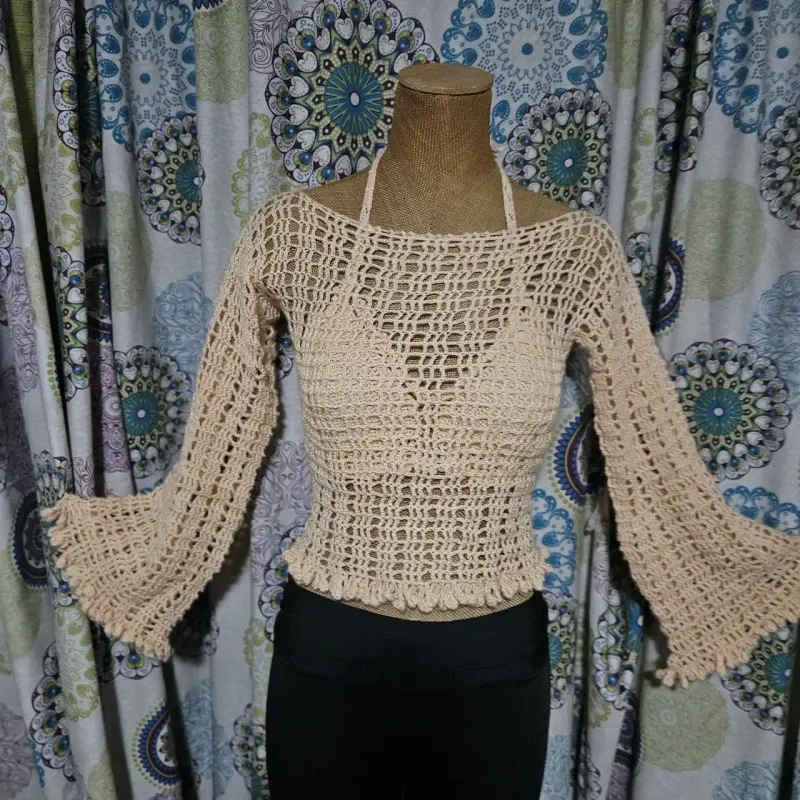 Conjunto tejido a crochet polera y topo beige