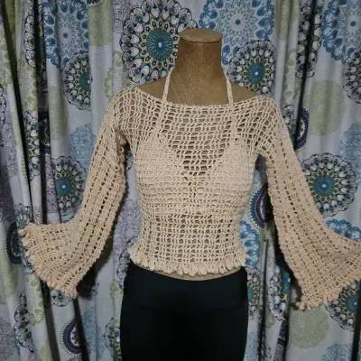 Conjunto tejido a  crochet polera y topo beige - miniatura 1