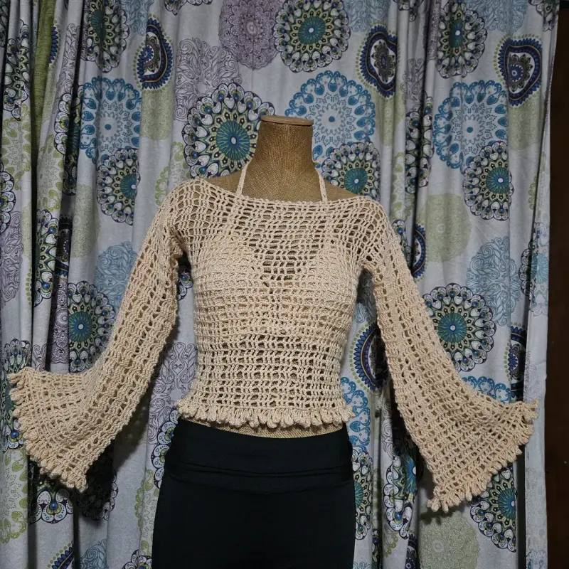 Conjunto tejido a crochet polera y topo beige - 6