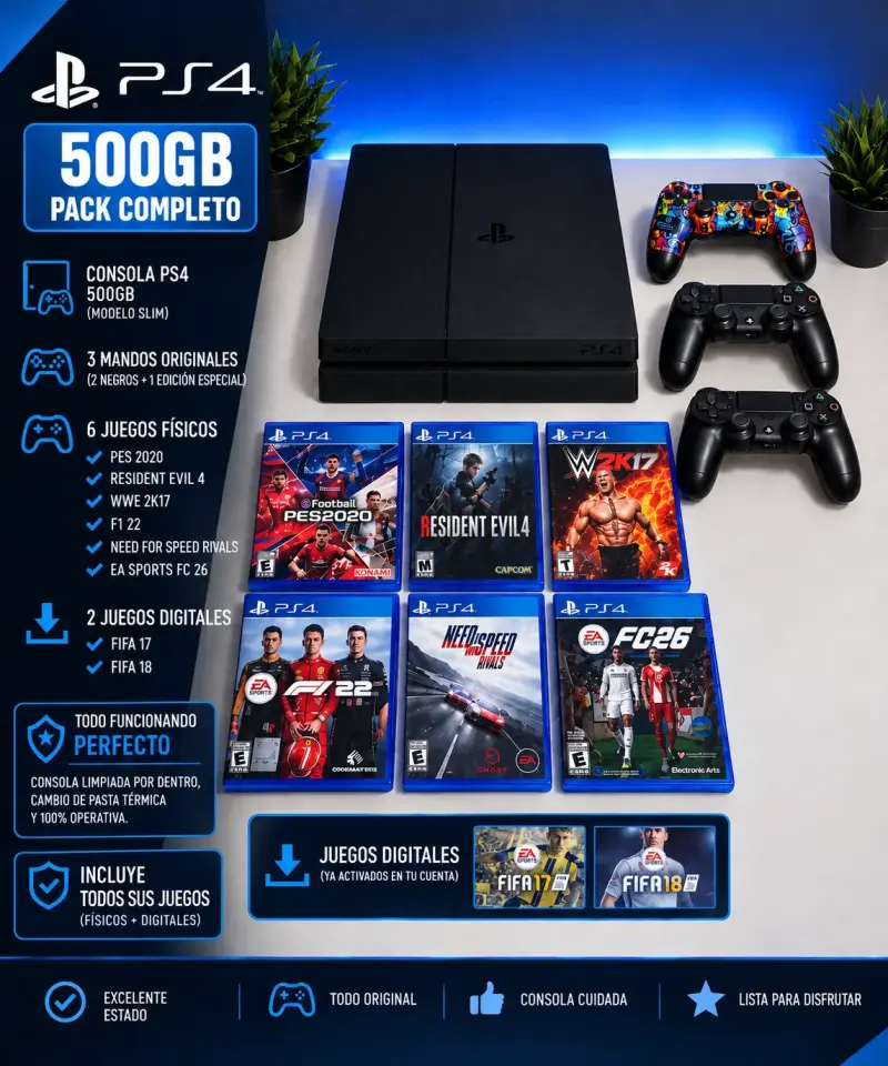 Consola PS4 Slim 500GB con juegos y mandos