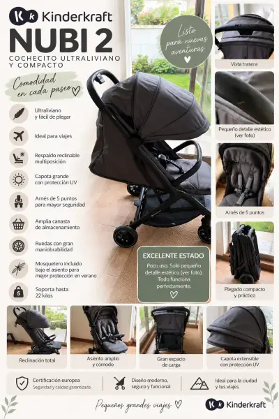 Cochecito ultraligero Kinderkraft Nubi 2 gris - miniatura 1