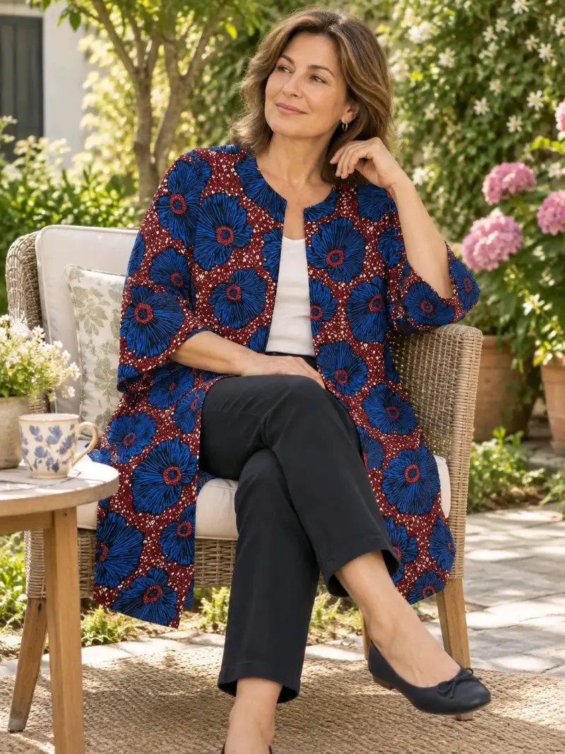 Kimono estampado floral azul y rojo - 1