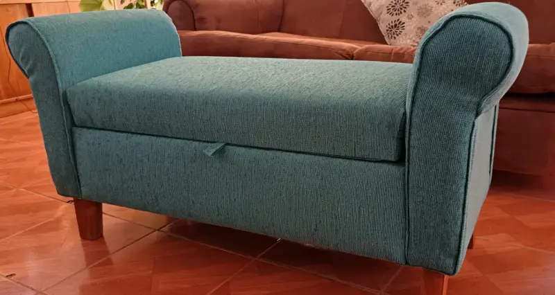 Banqueta de almacenamiento tapizada en tela azul - 6