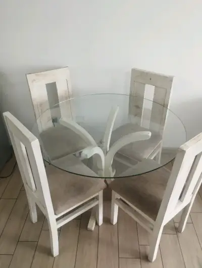 Juego de comedor redondo de vidrio con sillas blan - miniatura 2
