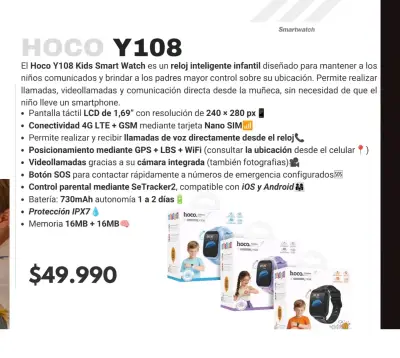 Reloj Inteligente Infantil Hoco Y108 con GPS y Llamadas - miniatura 2