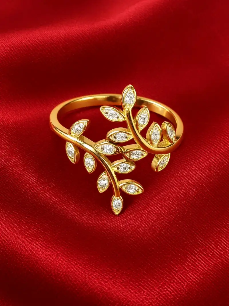 Anillo baño d oro con diseño de hojas y circonitas - 1