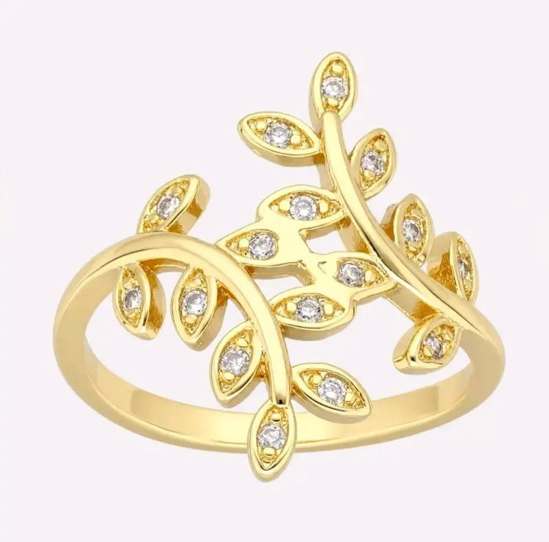 Anillo baño d oro con diseño de hojas y circonitas - 3
