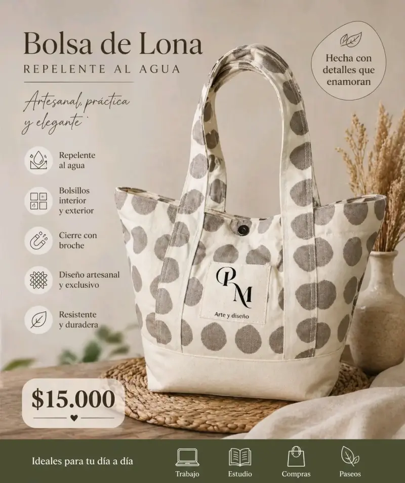 Bolsa de lona repelente al agua con diseño artesanal - 1