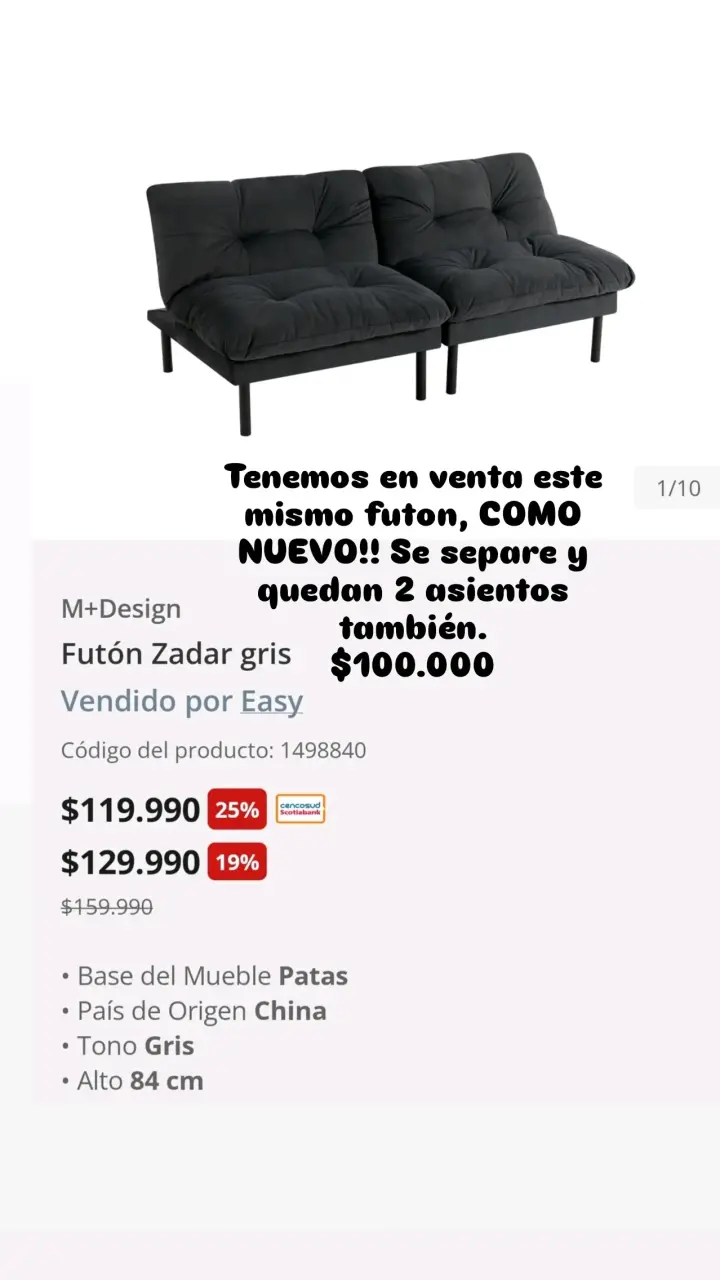 Futón Zadar gris M+Design en excelente estado