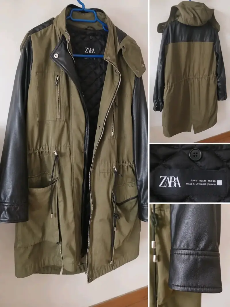 Parka verde con mangas de cuero Zara