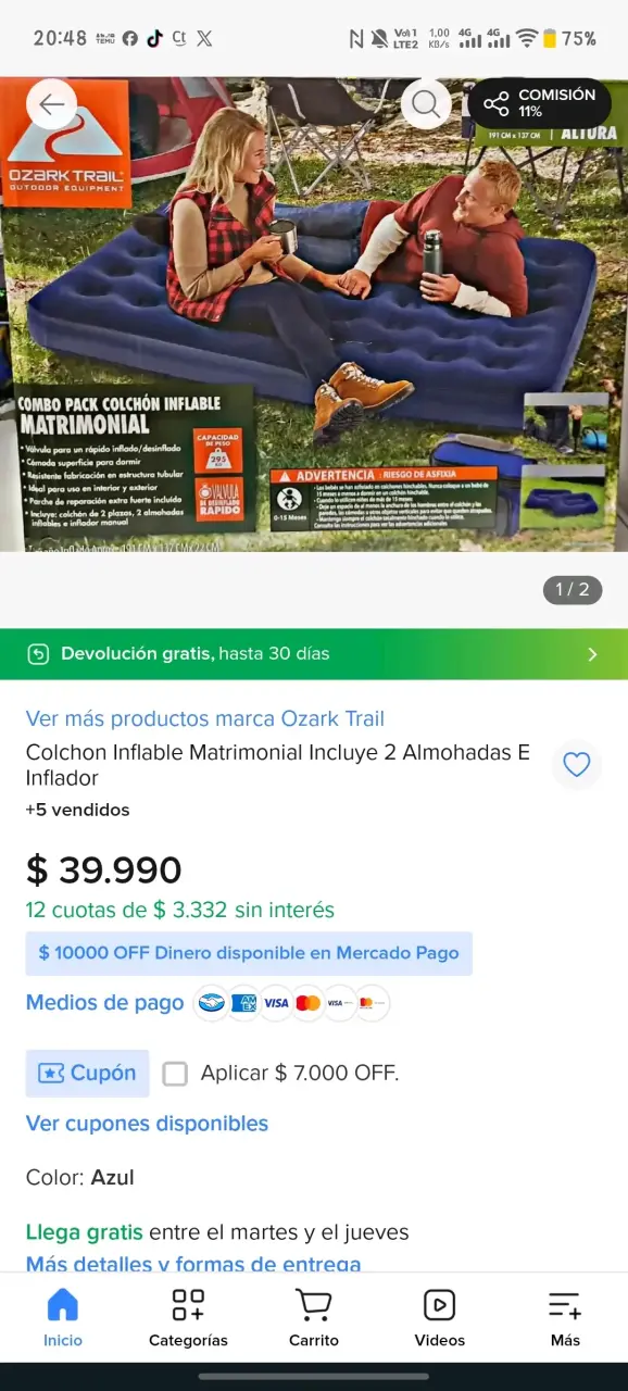 Colchón inflable matrimonial Ozark Trail con inflador - 1