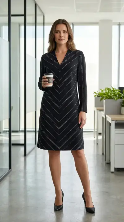 Vestido negro de oficina con diseño de rayas - miniatura 1