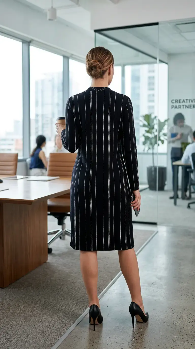 Vestido negro de oficina con diseño de rayas - 2