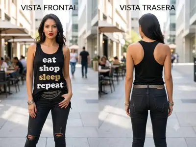 Polera sin mangas negra con texto "Eat Shop Sleep Repeat" - miniatura 1