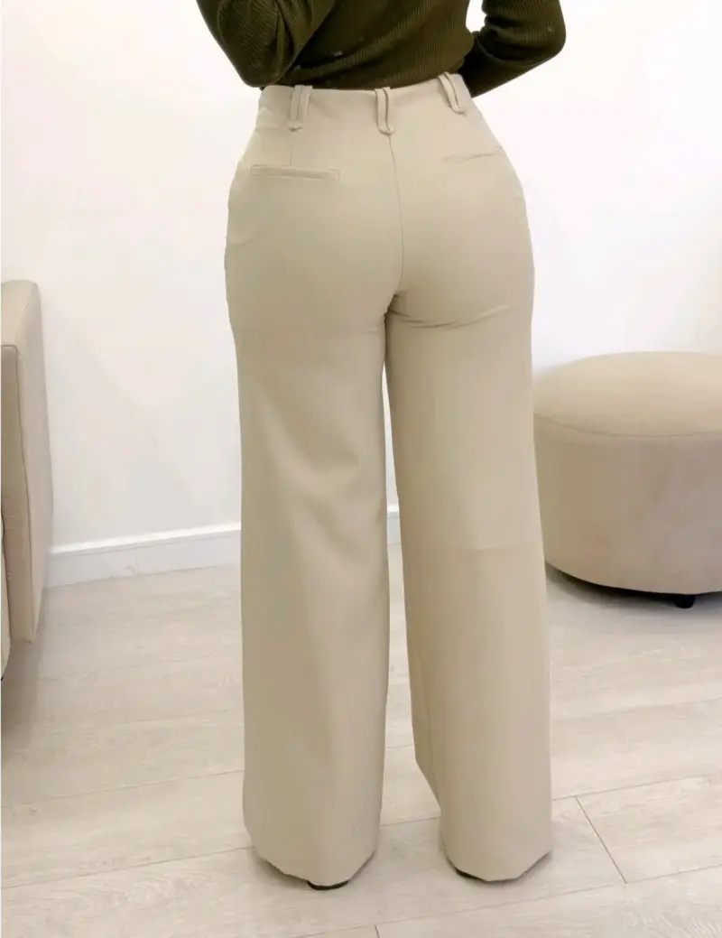 Pantalones beige de pierna ancha para mujer - 1
