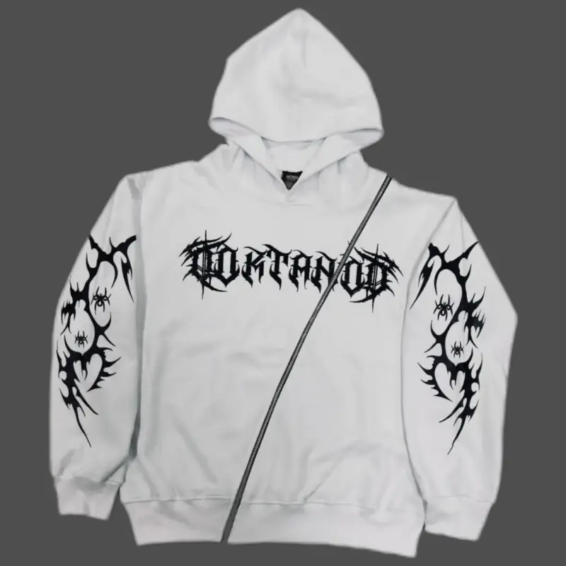 Polerón blanco con capucha y diseño tribal