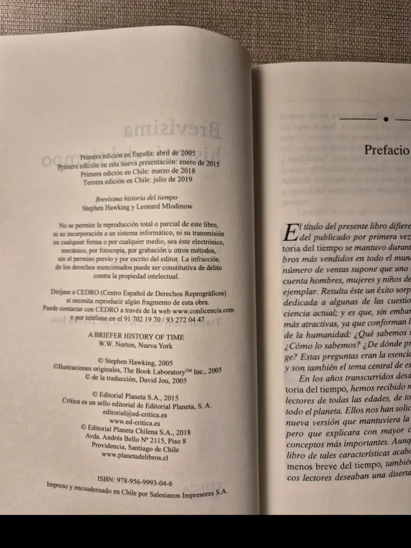 Libro Brevísima Historia del Tiempo de S. Hawking - 3