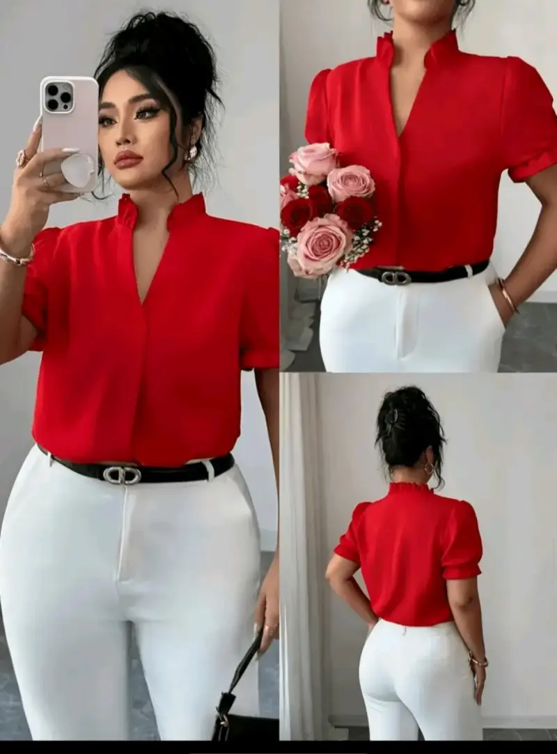 Blusa roja de manga corta para mujer - 2