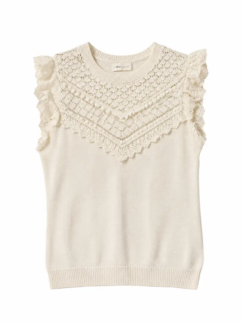 Blusa sin mangas de encaje color crema - 1
