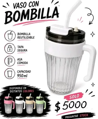 Vaso con bombilla reutilizable 950ml - miniatura 1