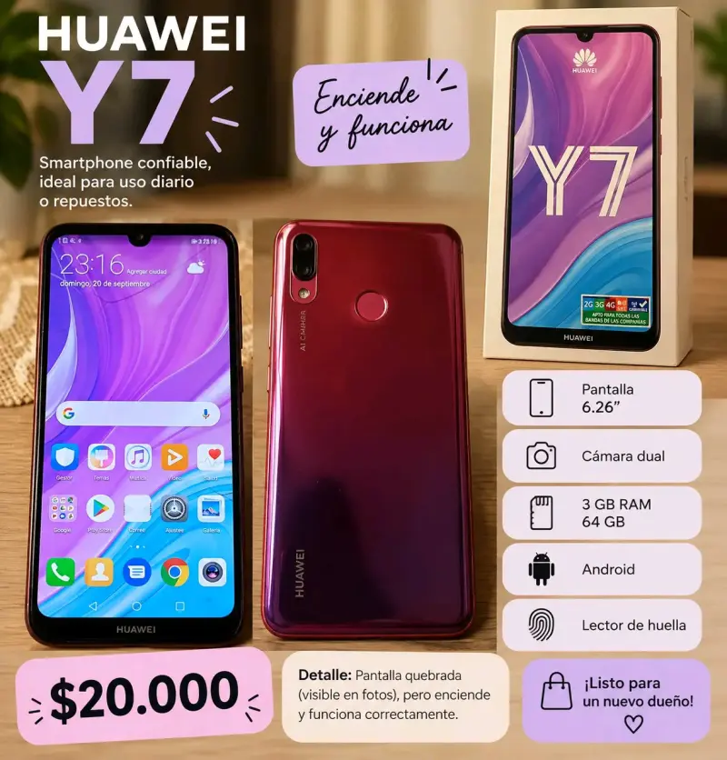 Huawei Y7 smartphone con pantalla rota - 1
