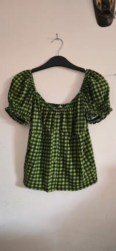 Blusa de cuadros verde con mangas abullonadas - miniatura 1