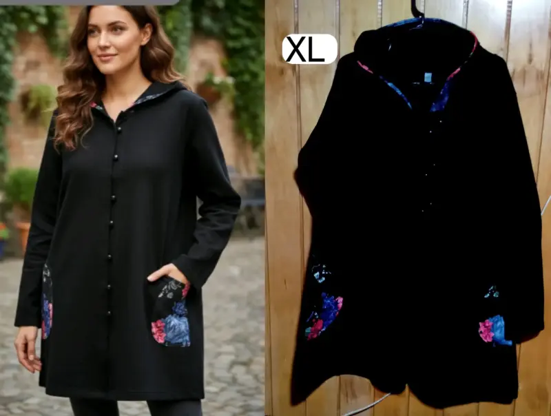 Abrigo negro con bolsillos florales para mujer