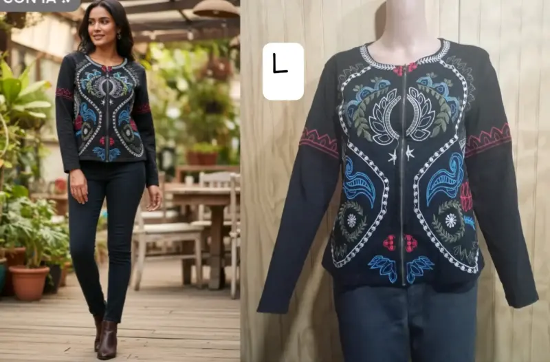 Chaqueta bordada negra con diseño floral