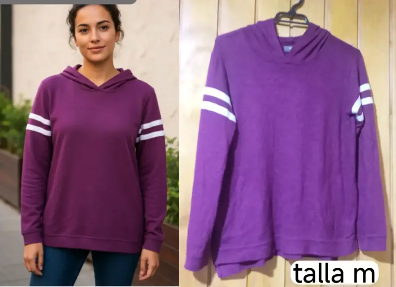Polerón morado con capucha y rayas blancas