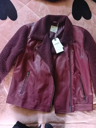 Chaqueta de cuero burdeos con forro de lana Index - miniatura 1
