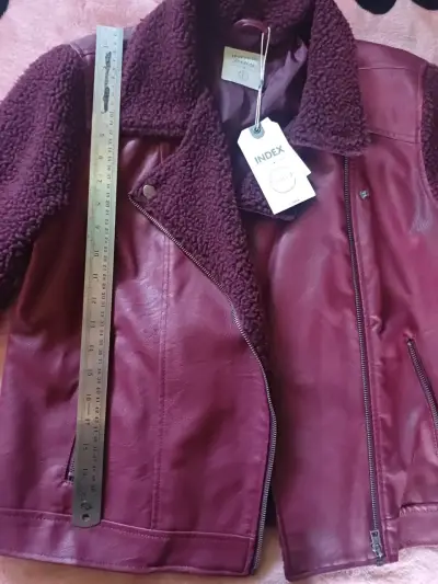 Chaqueta de cuero burdeos con forro de lana Index - miniatura 2