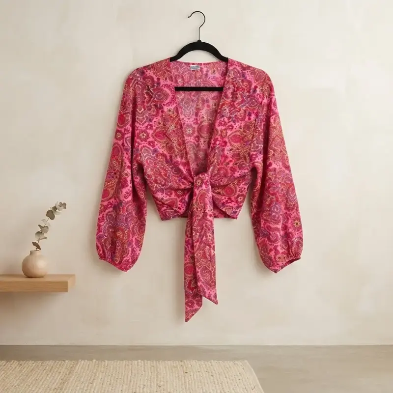 Blusa de mujer estampada rosa con lazo