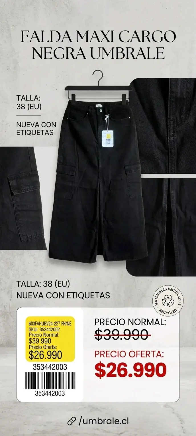 Falda maxi cargo negra Umbrale nueva
