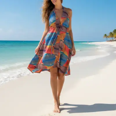 Vestido Playero Halter Algodón Africano Talla L - miniatura 4