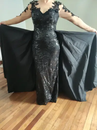 Vestido de noche largo negro con encaje - miniatura 5