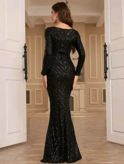 Vestido largo de noche negro con lentejuelas - miniatura 3