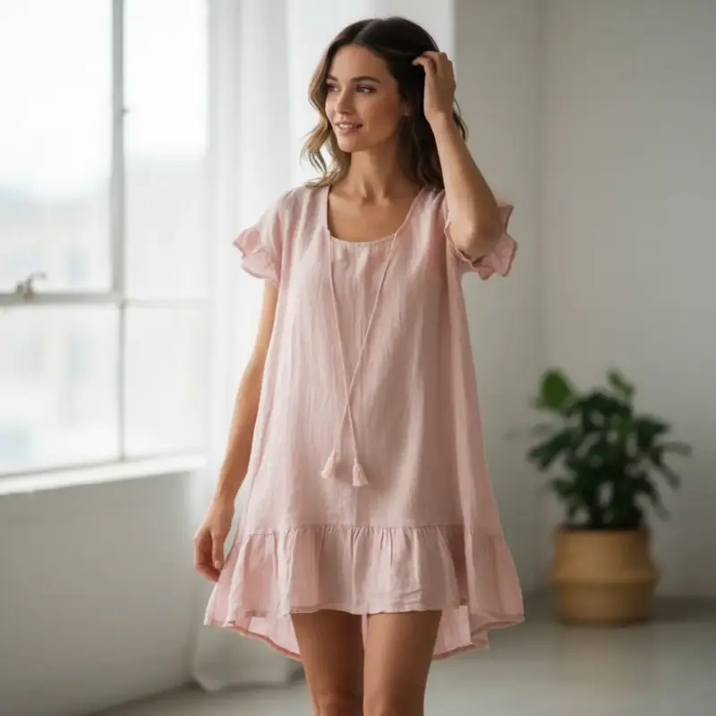 Vestido Italiano 100% Lino Rosa Empolvado - 2
