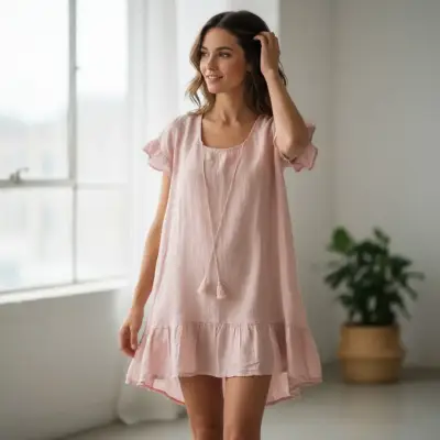 Vestido Italiano 100% Lino Rosa Empolvado - miniatura 2