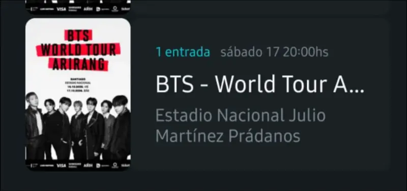 Entrada BTS cancha pacifico 17 oct