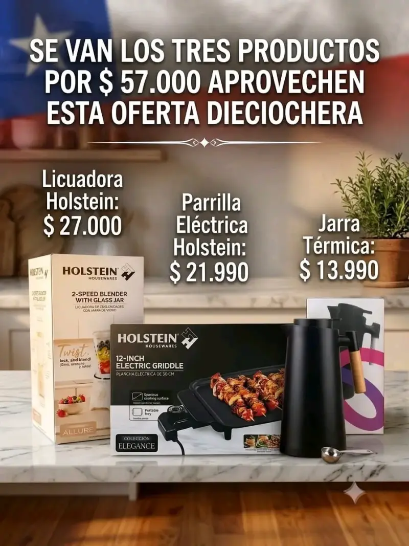 Set de Licuadora, Parrilla Eléctrica y Jarra Térmica Holstein