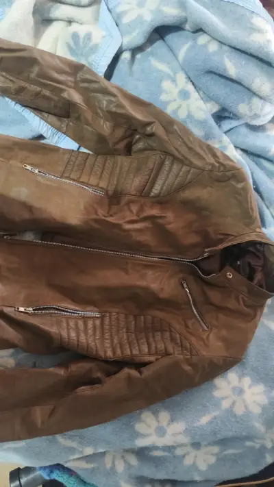 Chaqueta de cuero real marrón con cierre frontal - miniatura 1