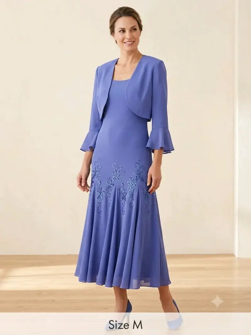 Vestido azul con chaqueta elegante para mujer