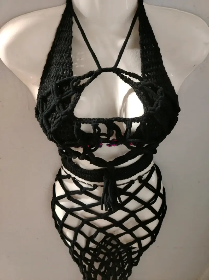Vestido de playa tejido a crochet negro - 2