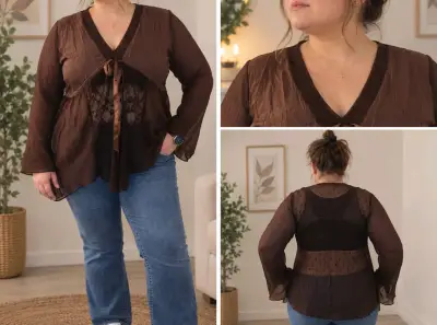 Blusa marrón con encaje y lazo decorativo - miniatura 1