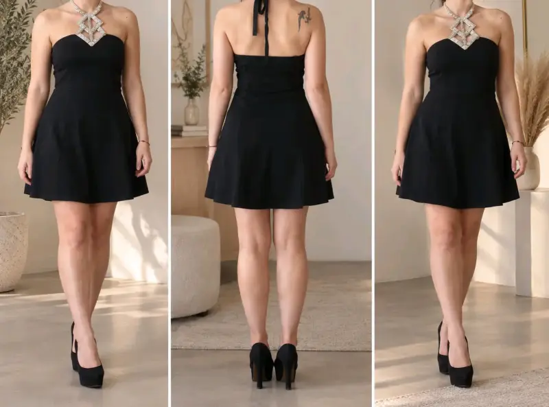 Vestido negro corto elegante con collar - 1