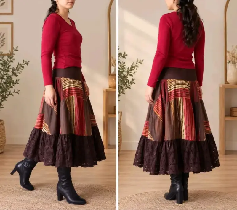 Falda larga bohemia con diseño patchwork - 1