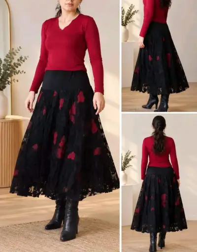 Falda larga negra con encaje floral rojo - miniatura 1