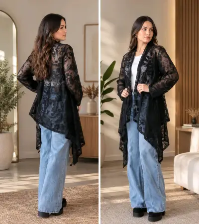Kimono de encaje negro para mujer elegante - miniatura 1