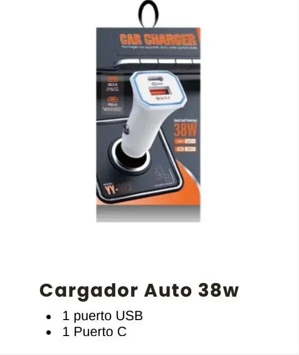 Cargador de Auto 38W con Puertos USB y C